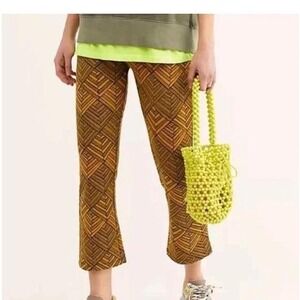 Free People Geometric Print Flare Cropped Pants Womens Mustard Black Boho Sz 0